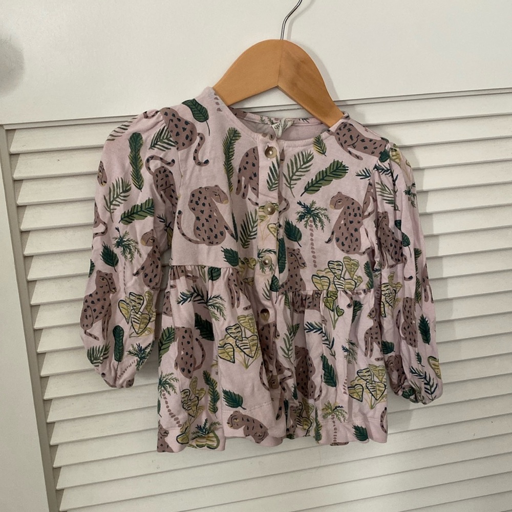 long sleeve flowy top with cheetahs and leaves